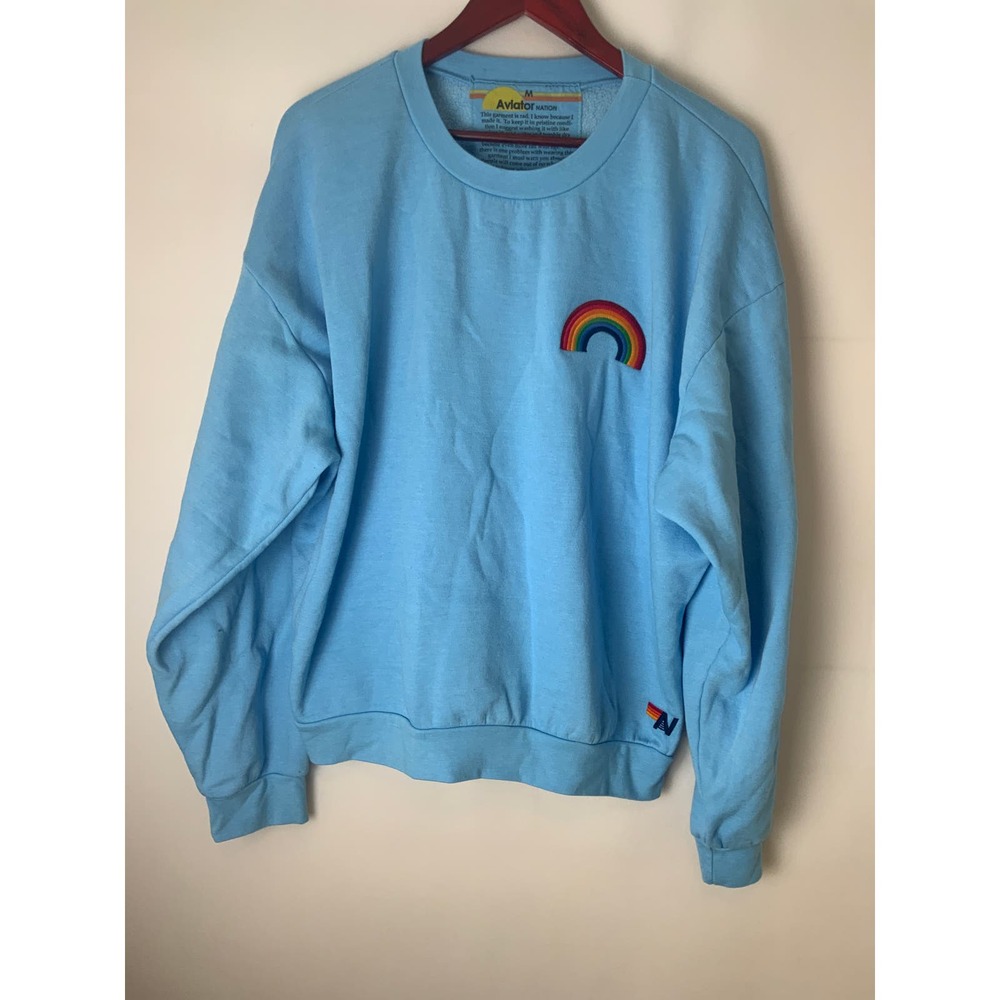 Aviator Nation Sky Blue Rainbow Embroidery Relaxed Crew Sweatshirt M Medium